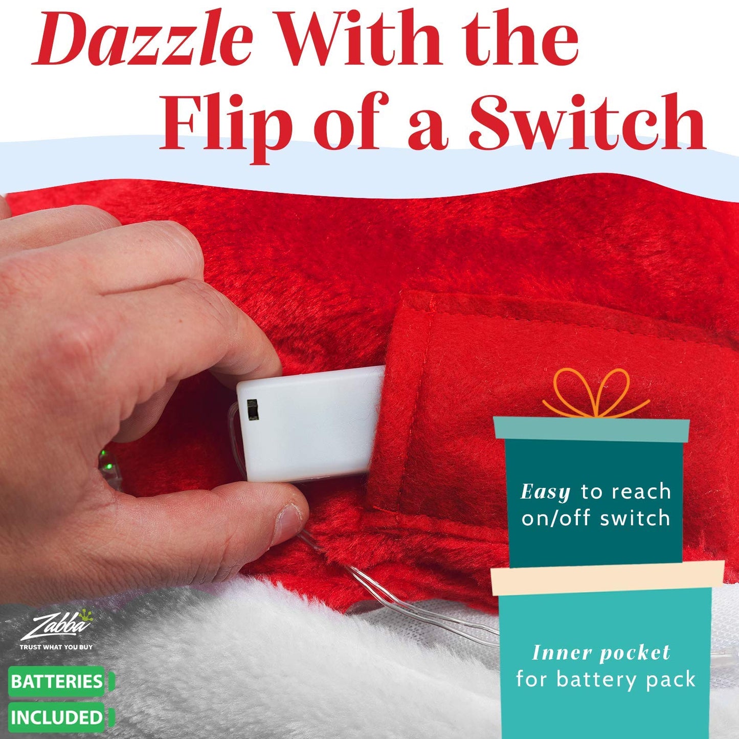 Winks Novelty Plush Santa Hat - Pack of 2 - Funny Christmas Hats for Kids & Adults with 20 Light Up, Color-Changing LED Lights and Batteries - Adult Size