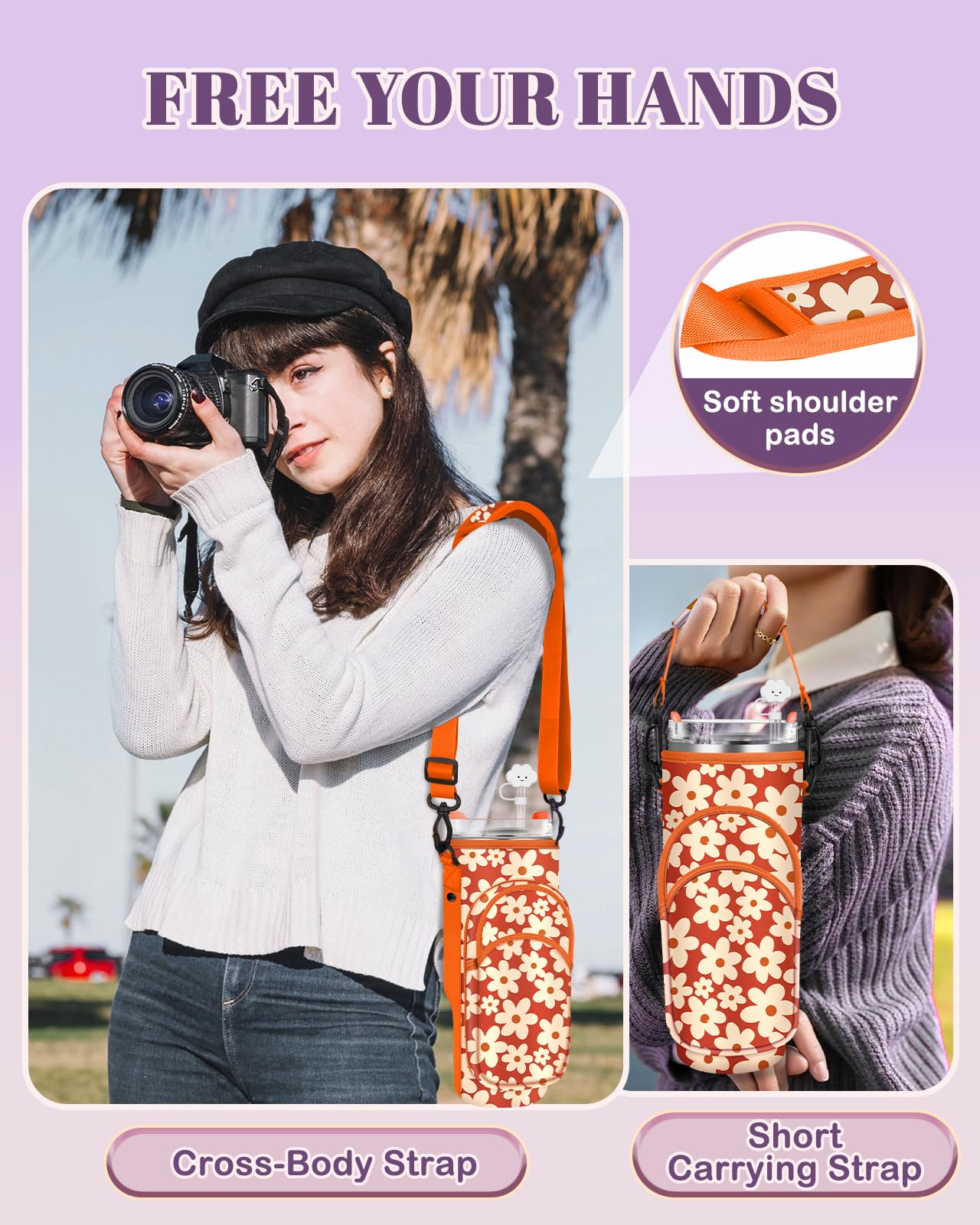 Toykee Water Bottle Holder Carrier Bag for Stanley 40 OZ Tumbler with Strap Phone Pocket, Orange Wrap Around Drink Cup Purse Pouch with Straw Cover Cleaner Brush Accessories Flower Print