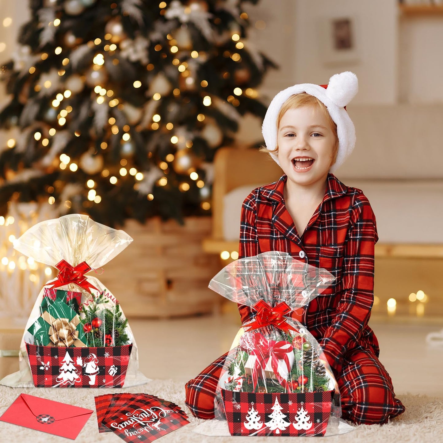 96PCS Christmas Basket for Gifts Holiday DIY Bulk Gift Basket Empty Buffalo Plaid Christmas Gift Baskets Empty to Fill Large Gift Baskets Empty Bulk For Beautiful Gifts Holiday Xmas Party Decorations