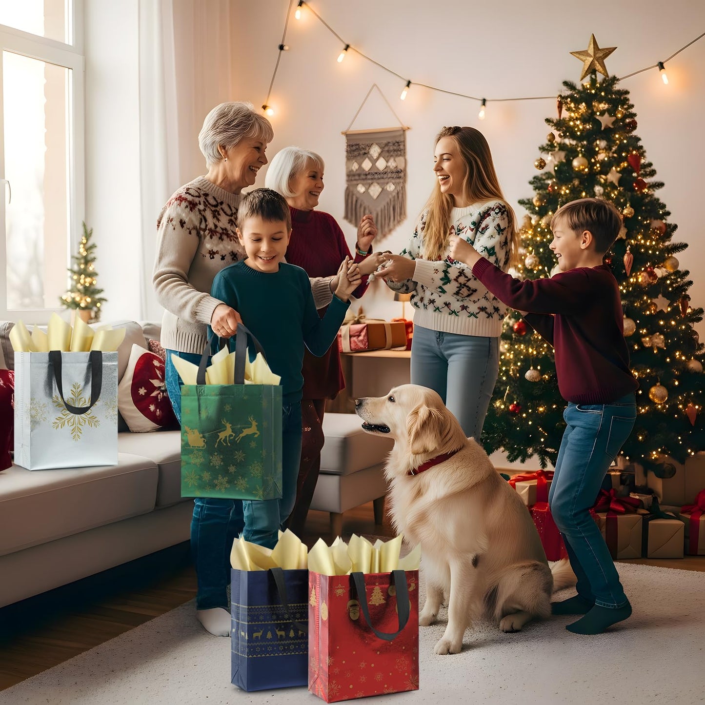 STYPOP 16 Pack 10" Christmas Gift Bags Medium Size with Tissue Paper, Reusable Non-Woven Christmas Tote Bags with Handles, Perfect for Holiday Gift Wrap/Party Favor Supplies, 10.2" × 8.3" × 4"