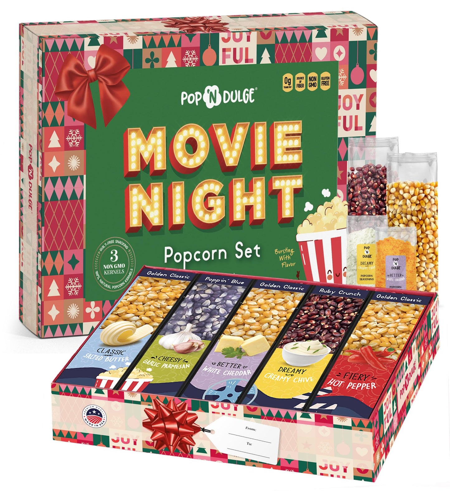 Movie Night Gift Baskets Popcorn Gifts for Christmas Holiday Gift Christmas Gift Sets, 5 Gourmet Popcorn Kernels and 5 Popcorn Flavoring, Non-GMO Popcorn Gifts - 10 Pack