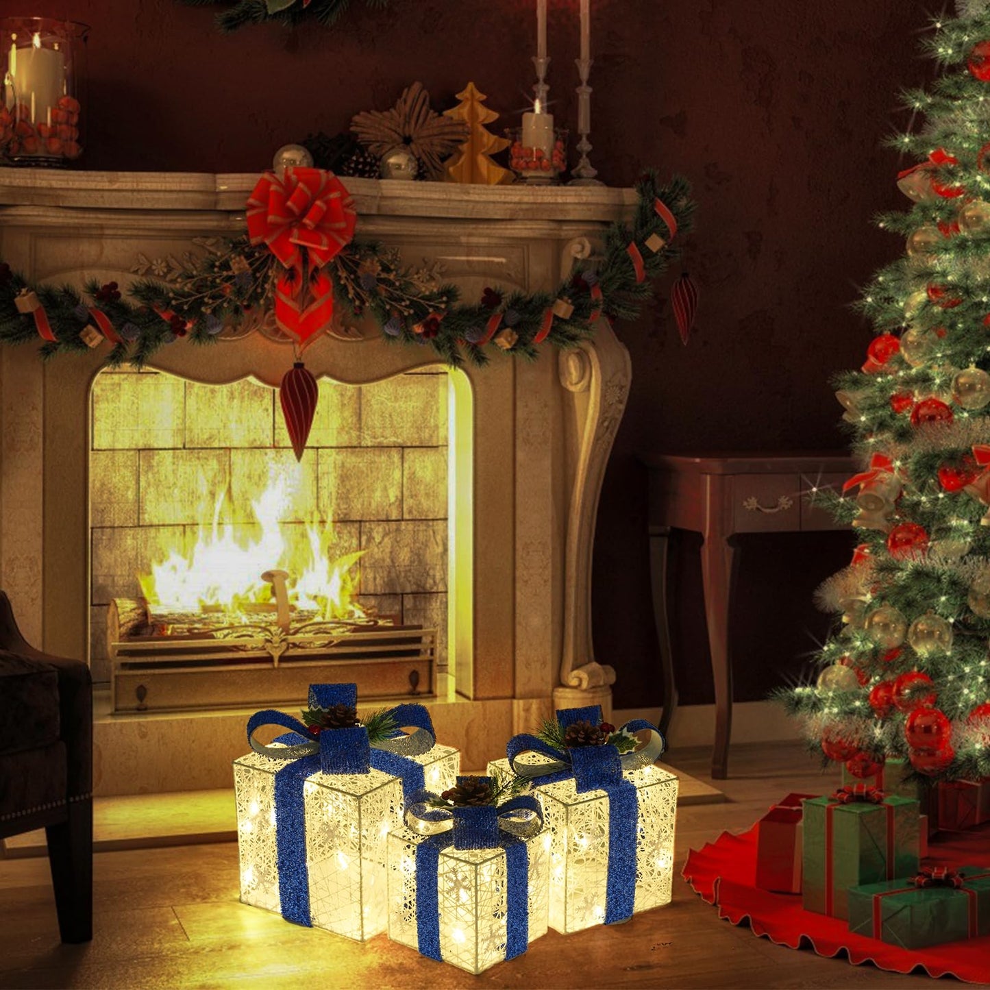 Christmas Decorations, Set of 3 Christmas Lighted Gift Boxes, Battery Operated Xmas Present Boxes, Warm White LED with Bows for Indoor Christmas Tree, Yard, Home Decor （Blue Bow）