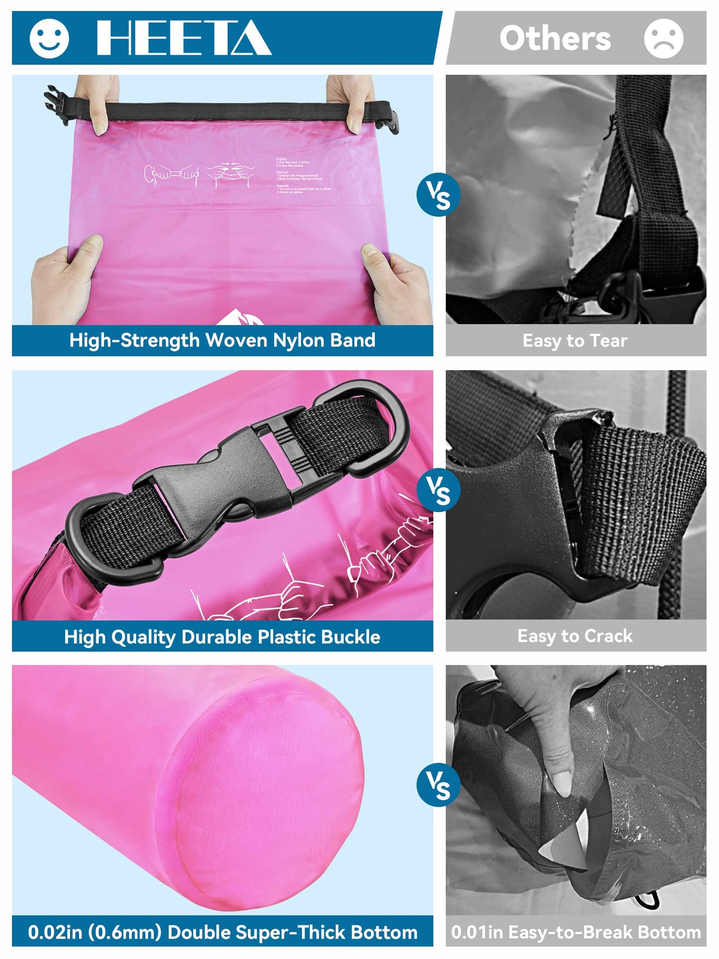 HEETA Waterproof Dry Bag for Women Men, Roll Top Lightweight Dry Storage Bag Backpack with Phone Case for Travel, Swimming, Boating, Kayaking, Camping and Beach, Transparent Rose Red 5L