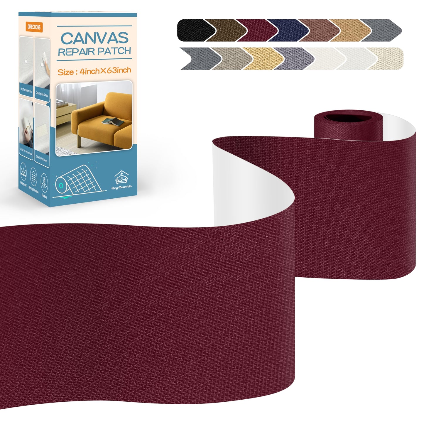 KING MOUNTAIN Canvas Repair Tape,Outdoor Gear Patch, 4×63 Inches,Waterproof,Self-Adhesive for Repairing Boat Covers,Sun Shades,Sofas,Tents,Lounge Chairs,Awnings (Burgundy)