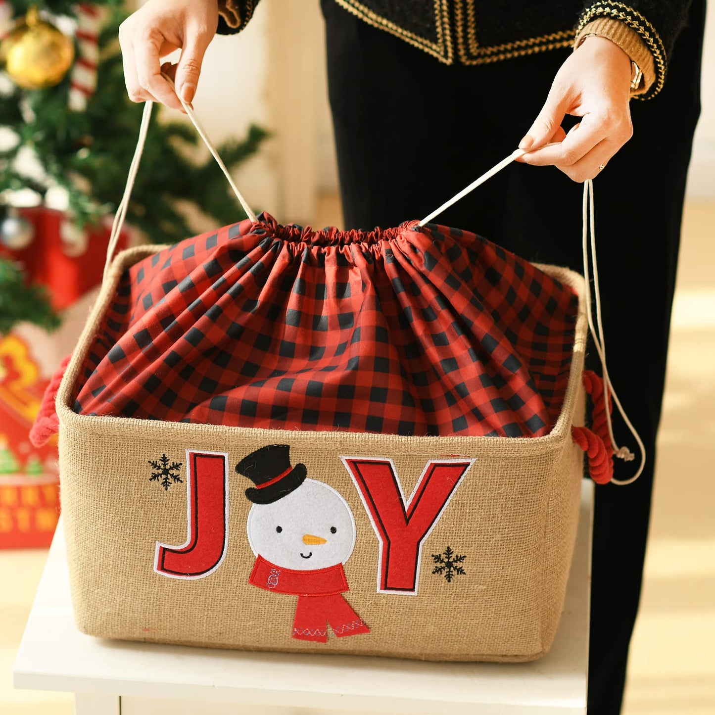 INough Gift Basket Empty Large Christmas Basket Christmas Empty Christmas Gift Baskets with Handles Collapsible Christmas Storage, Holiday Gift for Kidsroom Nursery Play Room (Large, Joy)