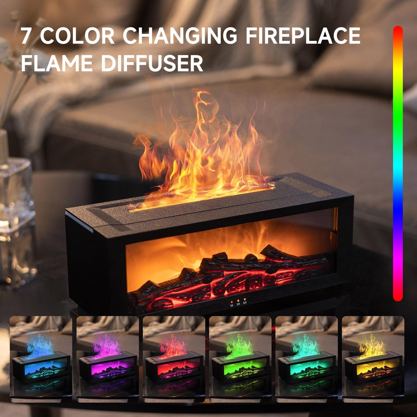 Fireplace Flame Air Diffuser Humidifier,7 Colors Aromatherapy Essential Oil Diffuser,Ultrasonic Aroma Humidifier with Timer for Home,Bedroom,Office,Yoga (BlackB, L)