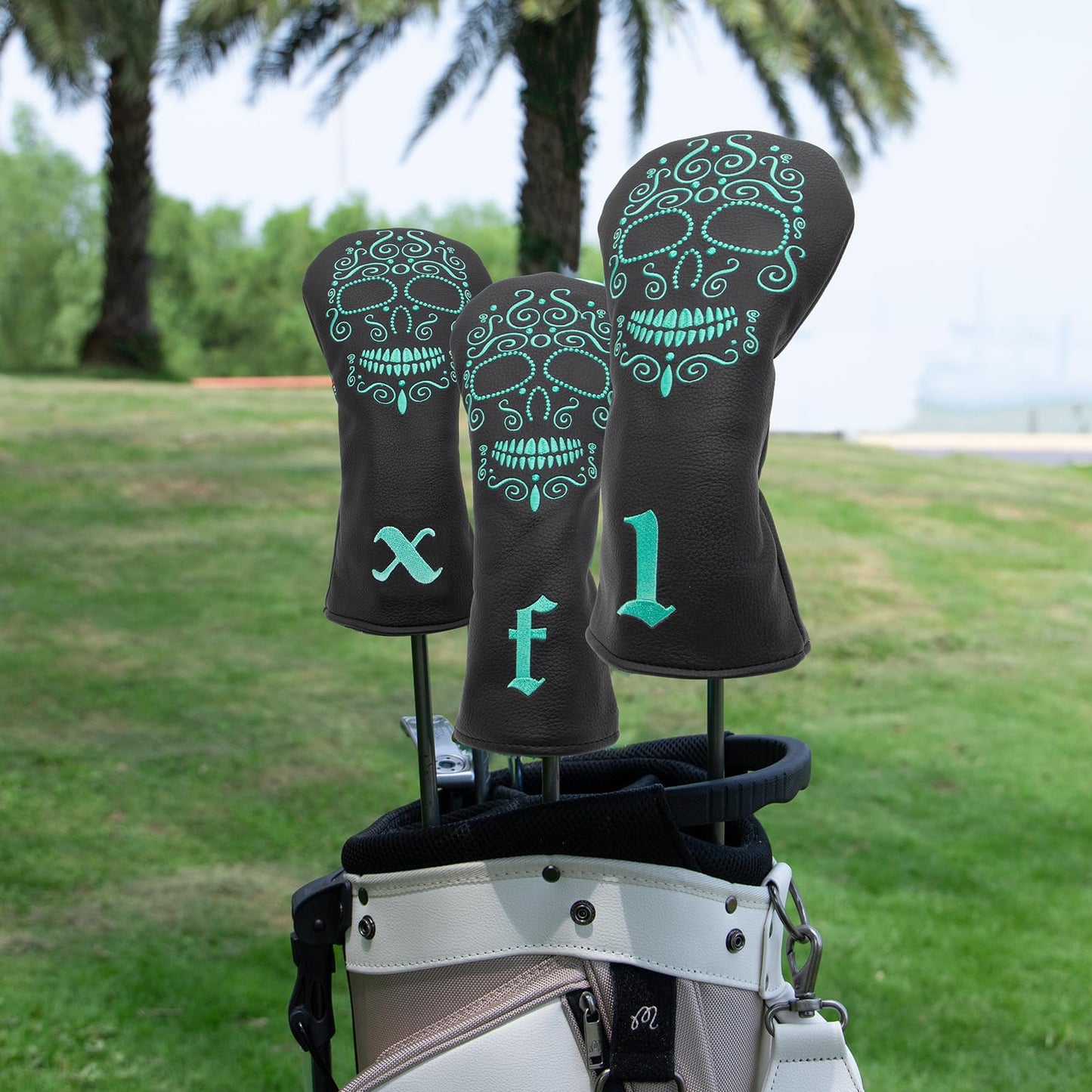 Black Golf Club Covers Skull Embroidery Driver Headcover Fairway 3 Wood Headcover Hybrid Headcover for Your Selection fits for All Brands (for 1 F H(3pcs))