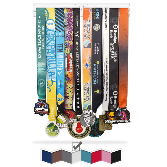 iBobbish Sports Marathon Medal Display Hanger Holder Racks Frame Wall Mount Over 40 Medals Upgraded 3 Lines with 3 Screws Easy to Install Easy to use-White