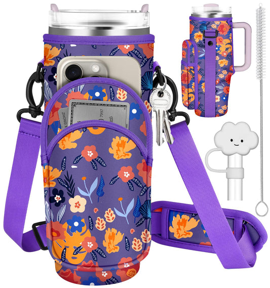 Toykee Water Bottle Holder Carrier Bag for Stanley 40 OZ Tumbler with Strap Phone Pocket, Purple Wrap Around Drink Cup Purse Pouch with Straw Cover Cleaner Brush Accessories Flower Print