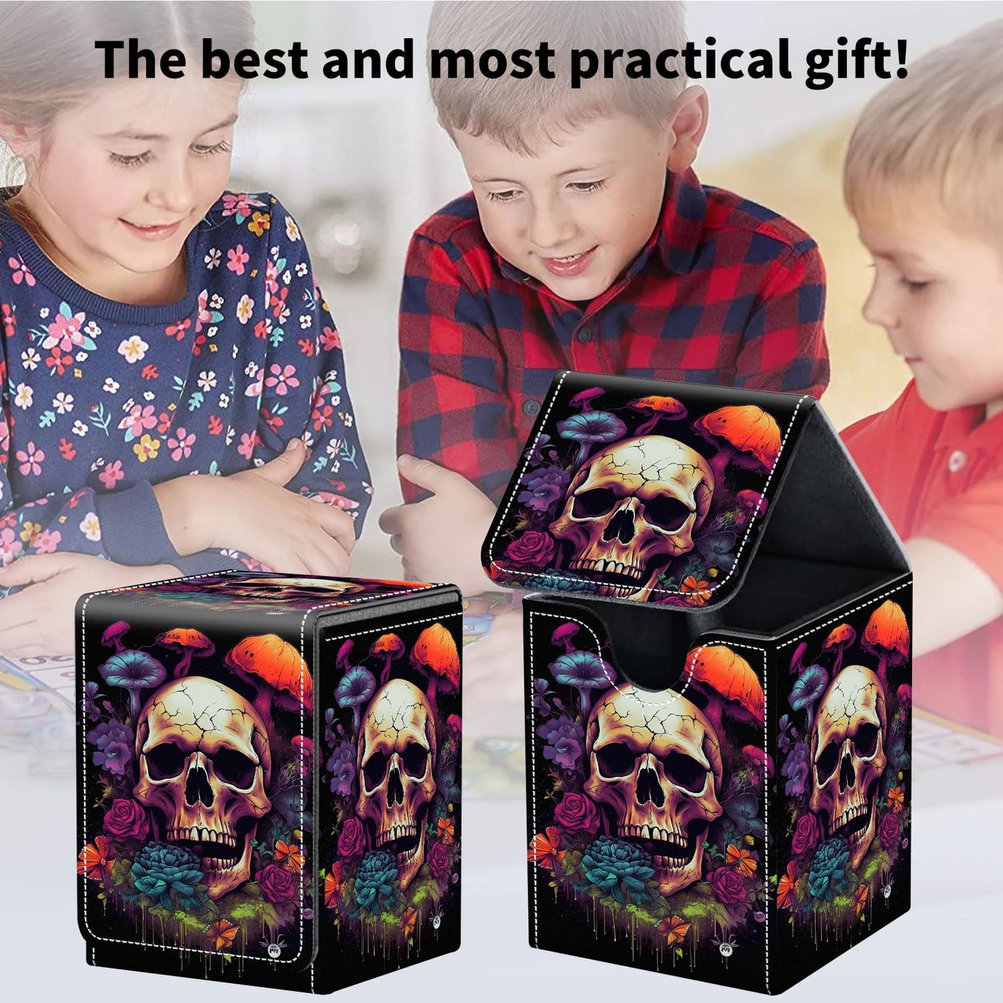 Qindaiwen Card Deck Box for Trading Cards, MTG Deck Box Fits 100+ Single Sleeved Cards, PU Leather Strong Magnet Card Deck Case Holder for Magic Commander TCG CCG, Flower Skull