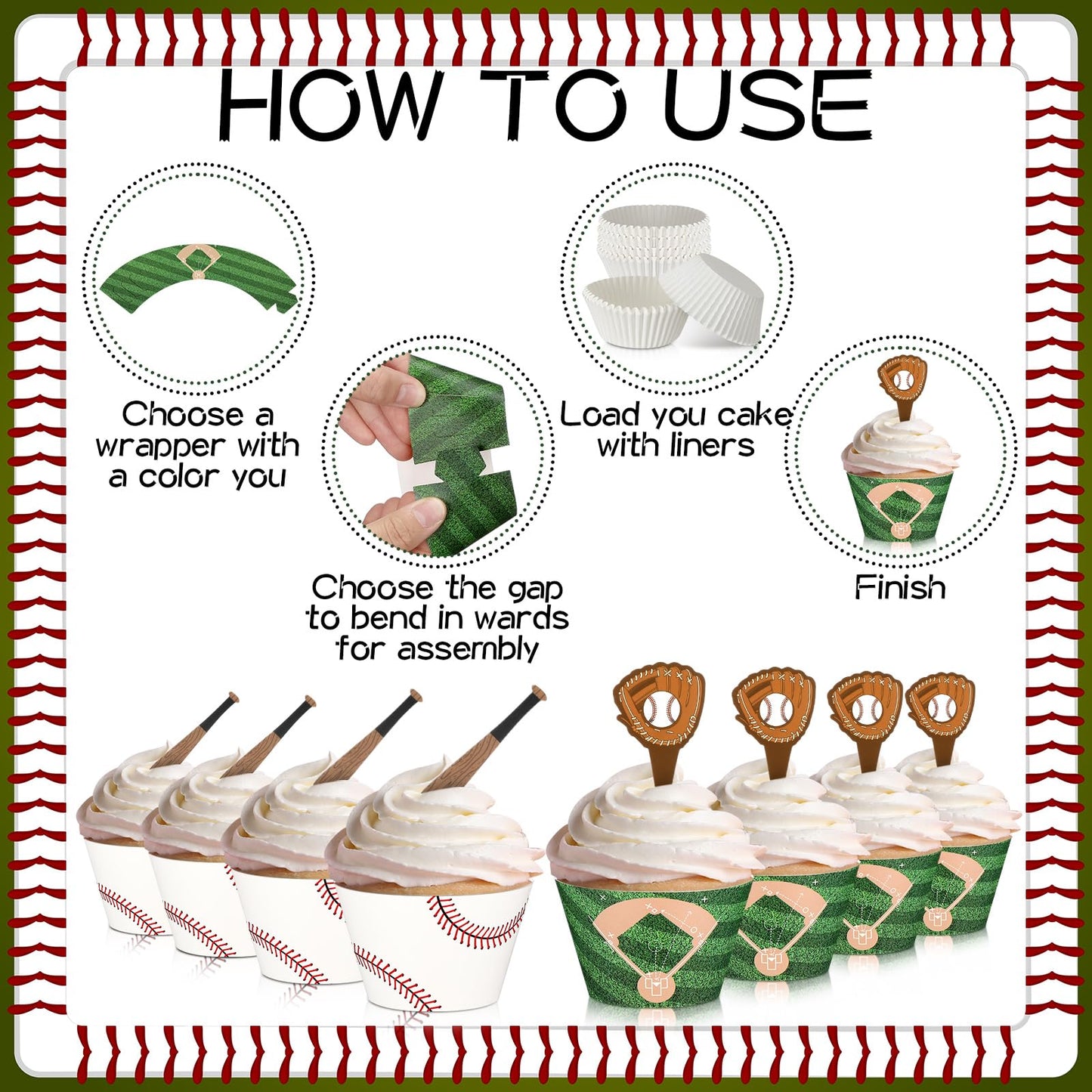 Geiserailie 100 Sets Baseball Cupcake Toppers and Wrappers Liners Baseball Party Decorations Sport Party Cake Supplies for Sport Themed Birthday Baby Shower Decorations Supplies