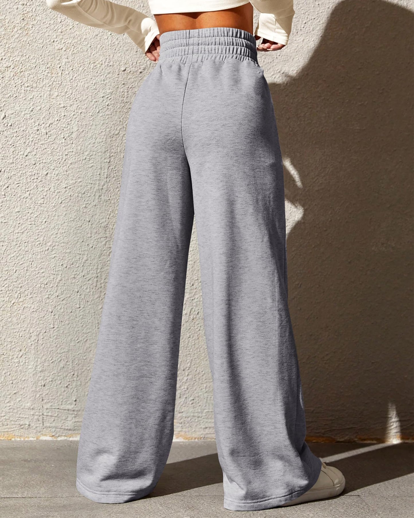 BTFBM Women's Causal Drawstring High Waist Baggy Straight Wide Leg Sweatpants with Pockets(Solid Light Grey,Medium)