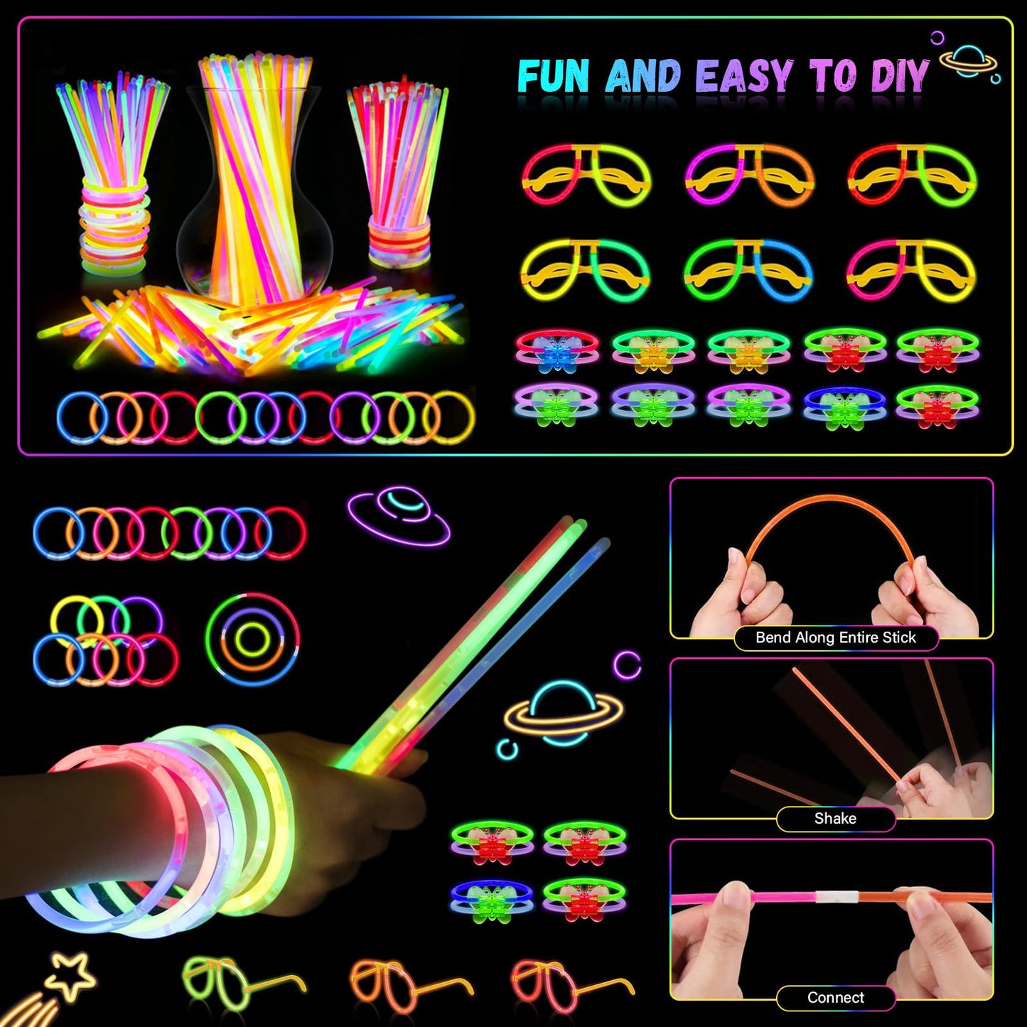 OLUPP Glow in the Dark Party Supplies, 264 PCS Light Up Party Favors with LED Glasses,Glow Sticks,Finger Lights,LED Hair Clips,Slingshot,Glasses Molds,Butterfly Bracelet for Birthday,Raves,New Year
