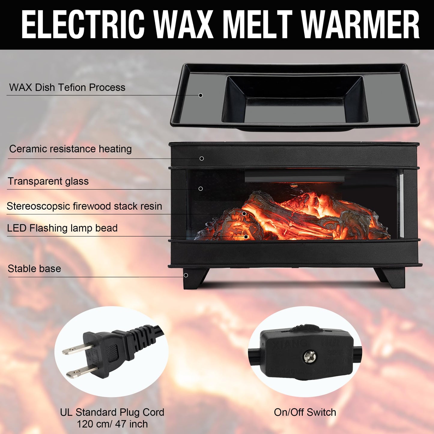 YSong Freestanding Fireplace Wax Warmer,Wax Warmer for Scented Wax,Electric Wax Melt Warmer,Full Metal Wax Melter,Wax Burner Fragrance Warmer for Home Office Gifts&Decor (Three-Sided Glass)