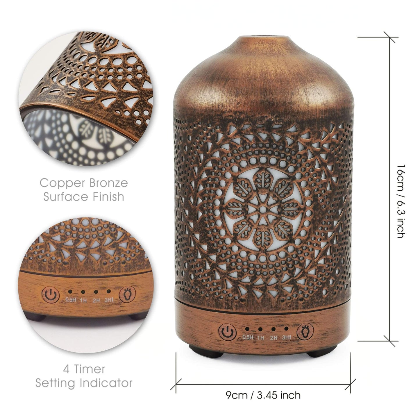 Earnest Living Essential Oil Diffuser Metal Diffuser 100 ml Timers Night Lights and Auto Off Function Home Office Humidifier Aromatherapy Diffusers for Essential Oils Gift