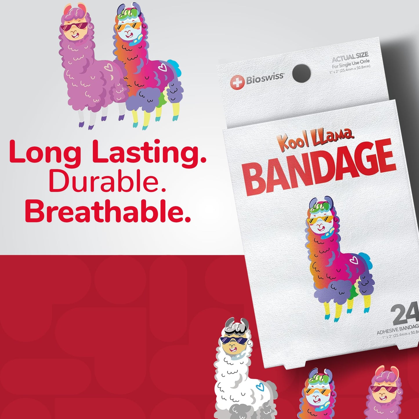 BioSwiss Bandages, Llama Shaped Self Adhesive Bandage, Latex Free Sterile Wound Care, 24 Count