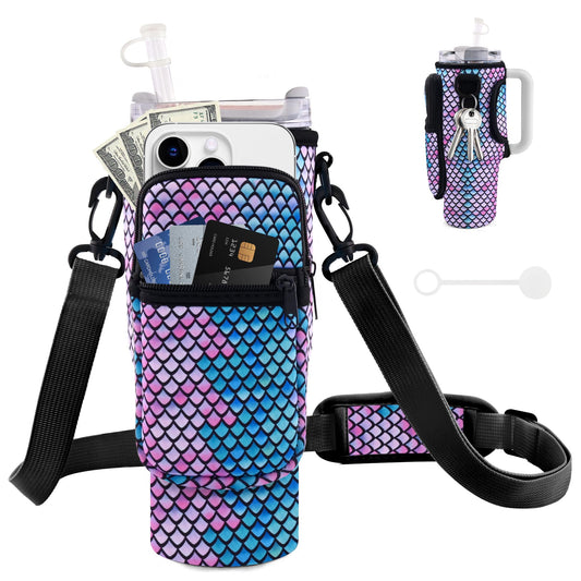 JEBEALUO Water Bottle Carrier Bag with Phone Pocket for Stanley Cup 40/30 oz, Water Bottle Holder with Adjustable Strap& Straw Cover, Stanley Cup Accessories (Mermaid)
