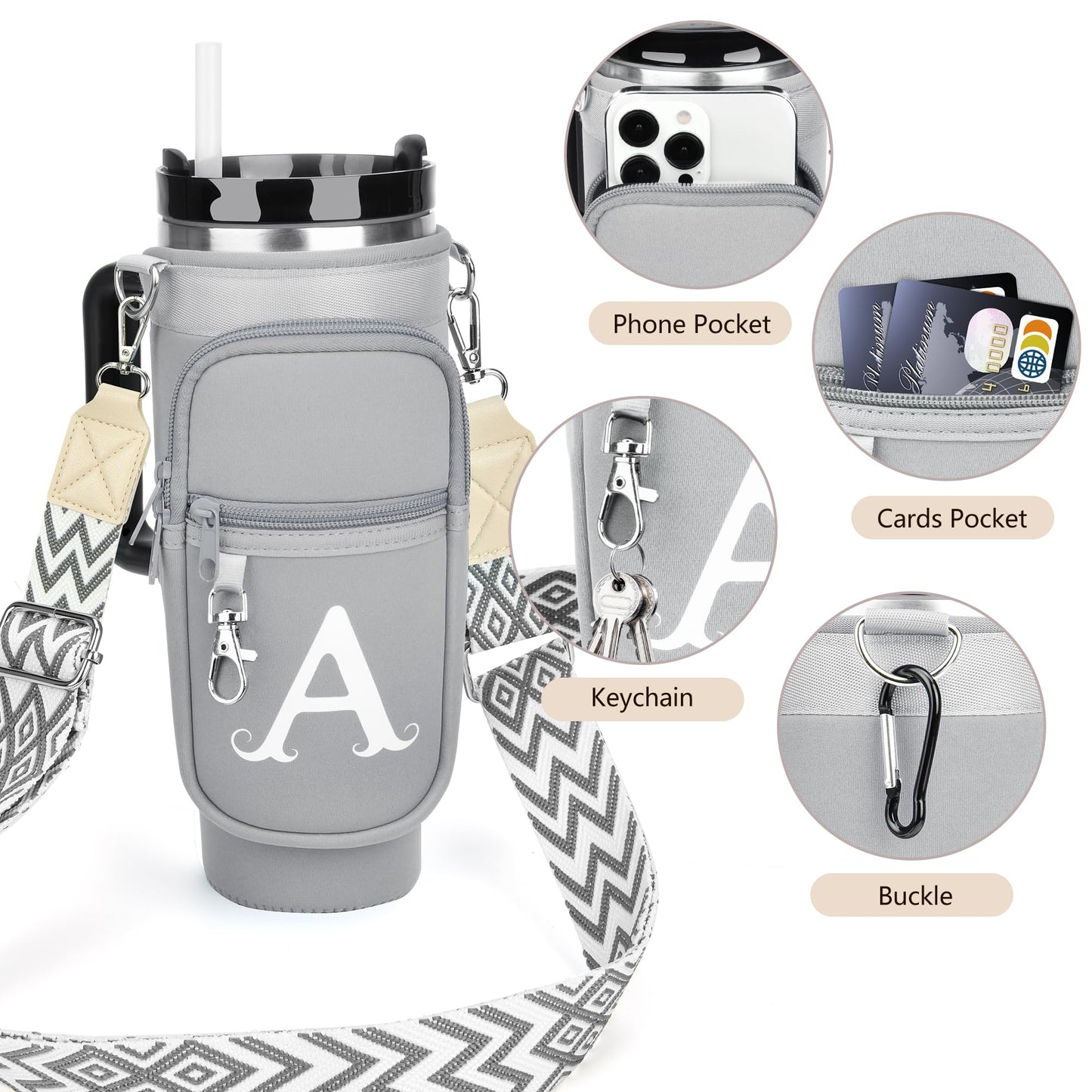LOKASS Initial Water Bottle Holder with Upgrade Canvas Strap for Stanley 30 oz Tumbler, Gift for Mom Mother's Day Day gifts with Phone Pocket, Personalized Accessories for Stanley Cup, Grey - S