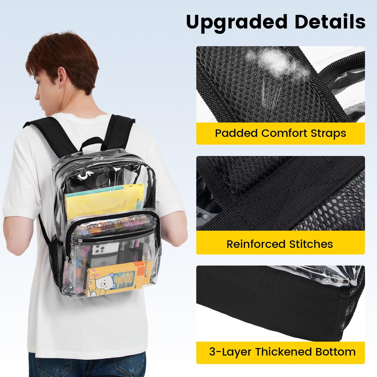Vorspack Clear Backpack Heavy Duty - Clear Bookbag Large See Through Backpack Plastic Transparent Backpacks for College Work Travel - Black