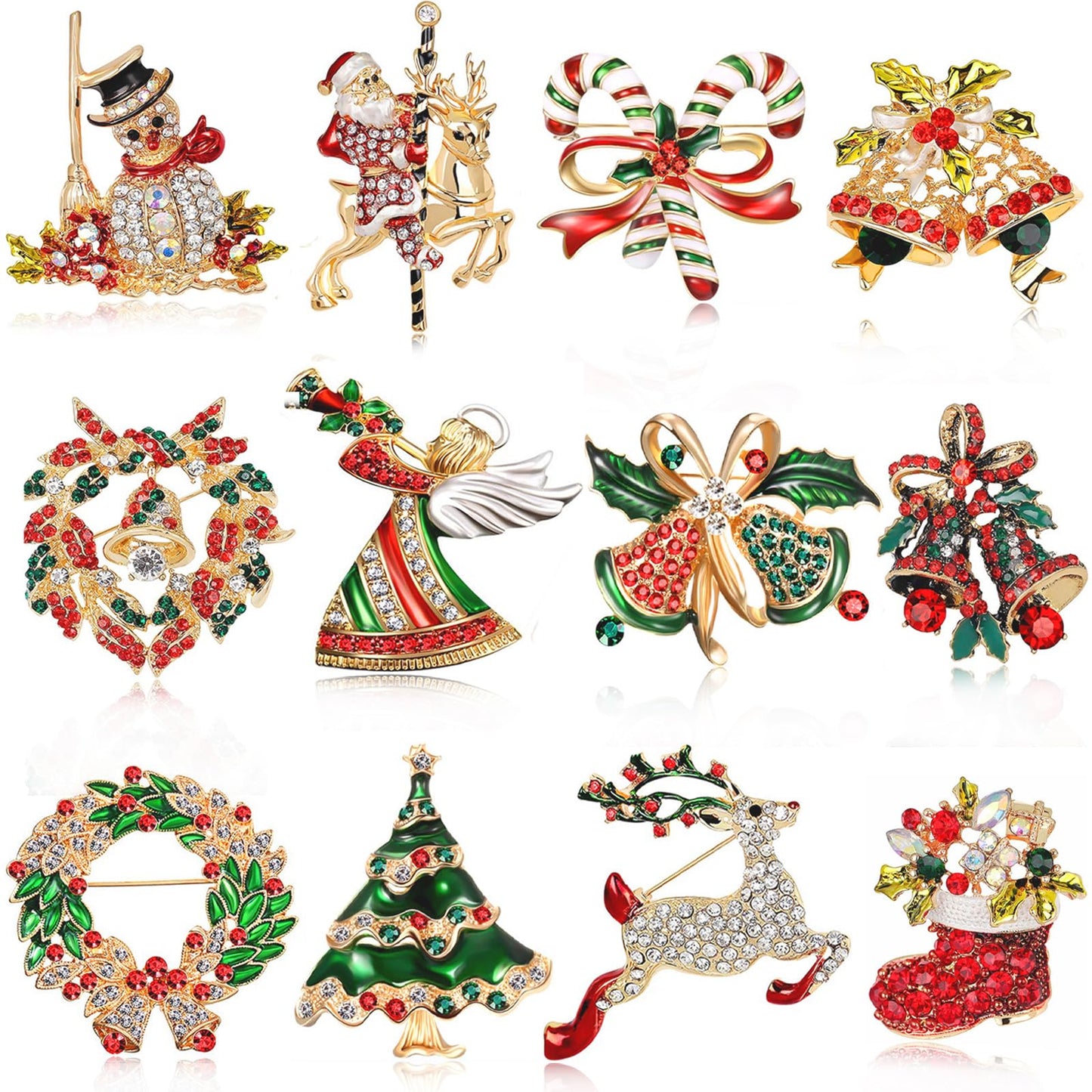 12 Pcs Christmas Brooch Pins Set for Women - Rhinestone Crystal Christmas Tree Wreath Snowman Reindeer Ornament Jewelry Pins Gift (Style-1)