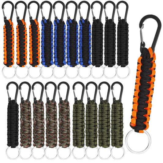 Fumete 20 Pcs Paracord Keychain Military Braided Keychain Clip with Strap Paracord Backpack Strap with Chain Hooks for Women Men Camping Fishing Hiking Backpacking Keys Hanger, 5 Styles