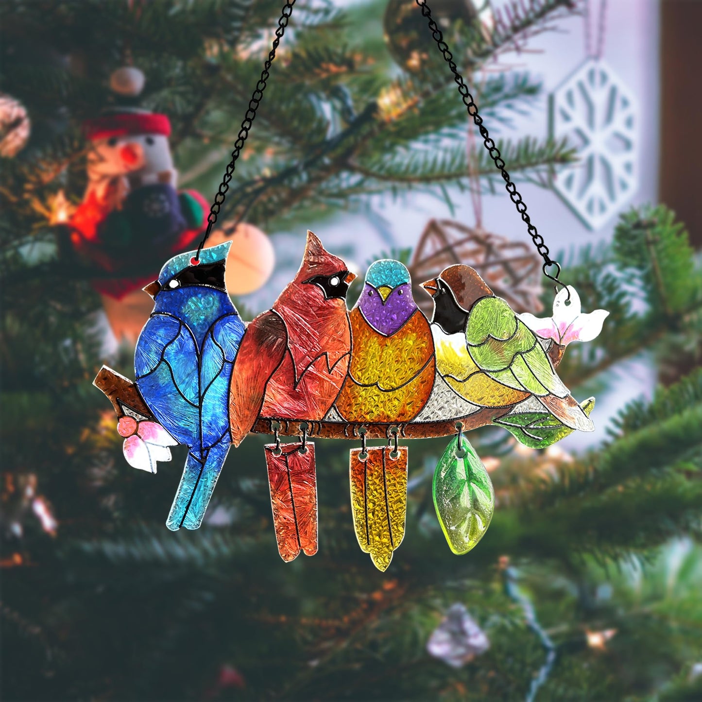 DASTOLL Stained Glass Window Hanging - Hummingbird on Branch Suncatcher Hand-Painted Double Side Stain Glass Cardinal Gifts Sun Catcher for Windows Doors Room Outdoor Home Decoration