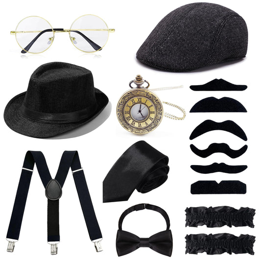 GIFIKOI 1920s Mens Costume Accessories Outfit Fedora Hat Vintage Pocket Watch Bow Tie Suspenders Roaring 20s Costumes Gangster Roaring Accessories for Gatsby Party Cosplay Black