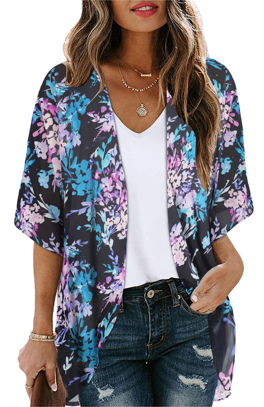 Womens Floral Kimono Cardigans Beach Coverups Loose Puff Sleeve Casual Tops (Purple Flowers Print,S)