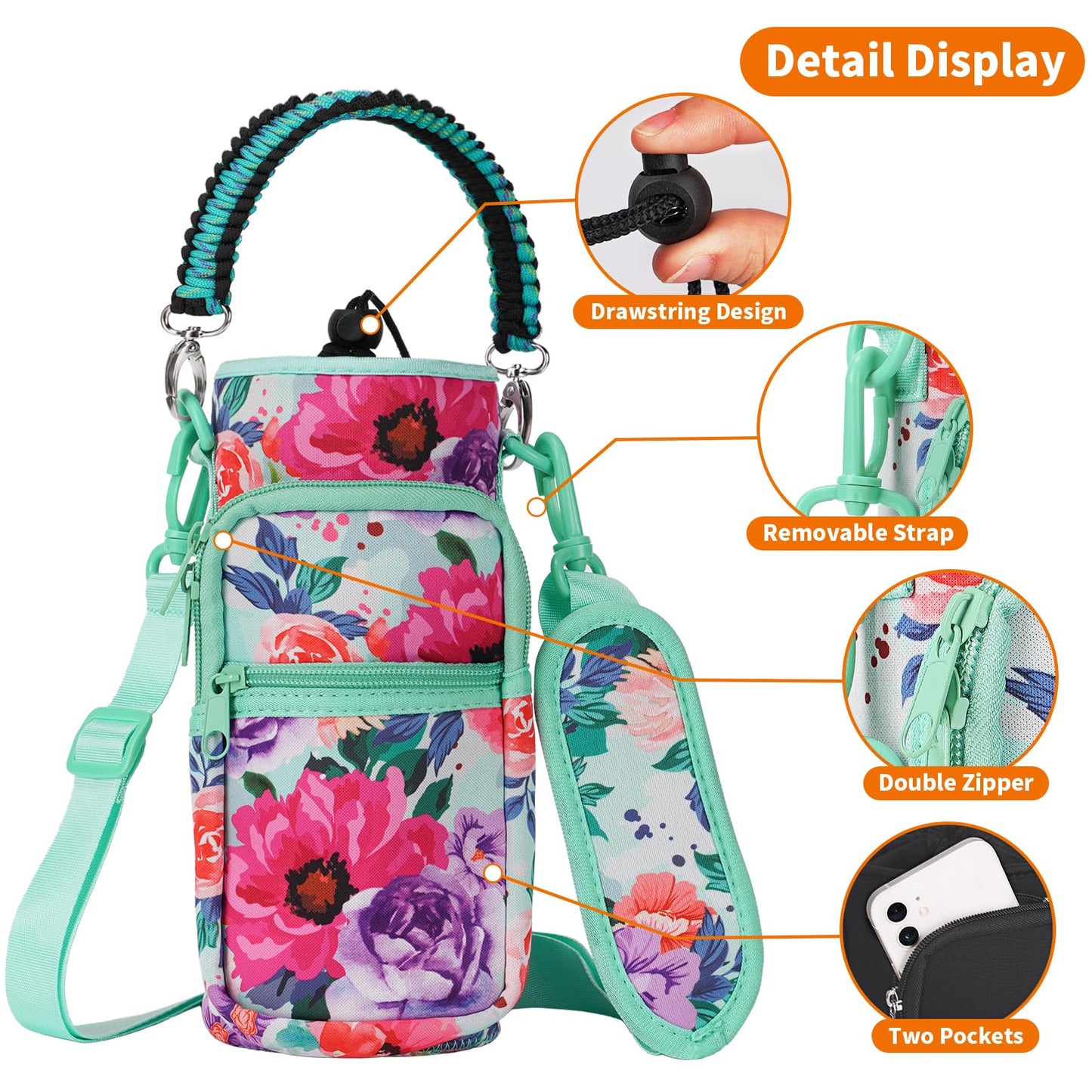 AceTreker Water Bottle Holder with Strap 32oz 40oz Insulated Water Bottle Sleeve with Phone Pocket Sport Water Flask Carrier Sling Bag with Paracord Handle for Gym Walking Hiking