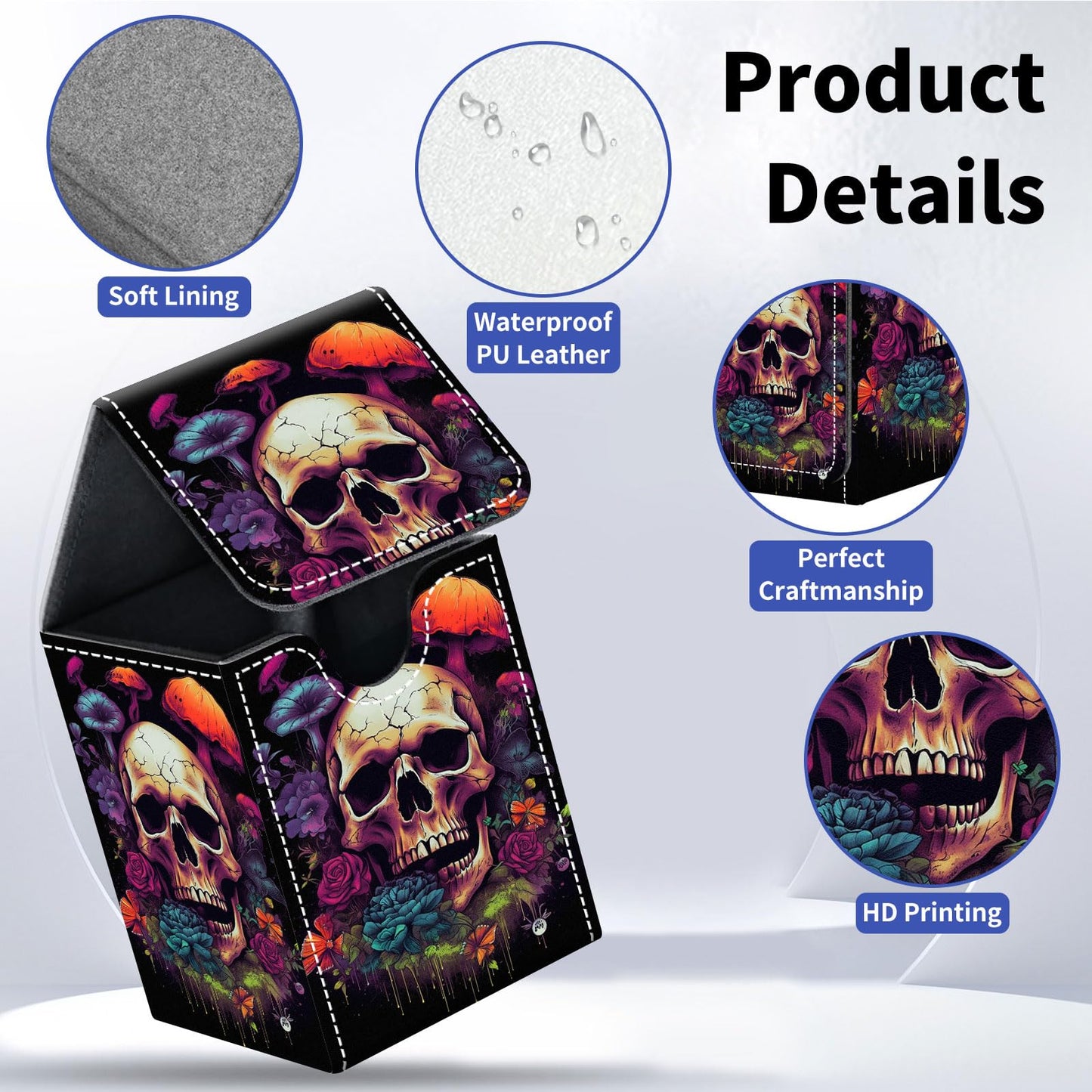 Qindaiwen Card Deck Box for Trading Cards, MTG Deck Box Fits 100+ Single Sleeved Cards, PU Leather Strong Magnet Card Deck Case Holder for Magic Commander TCG CCG, Flower Skull