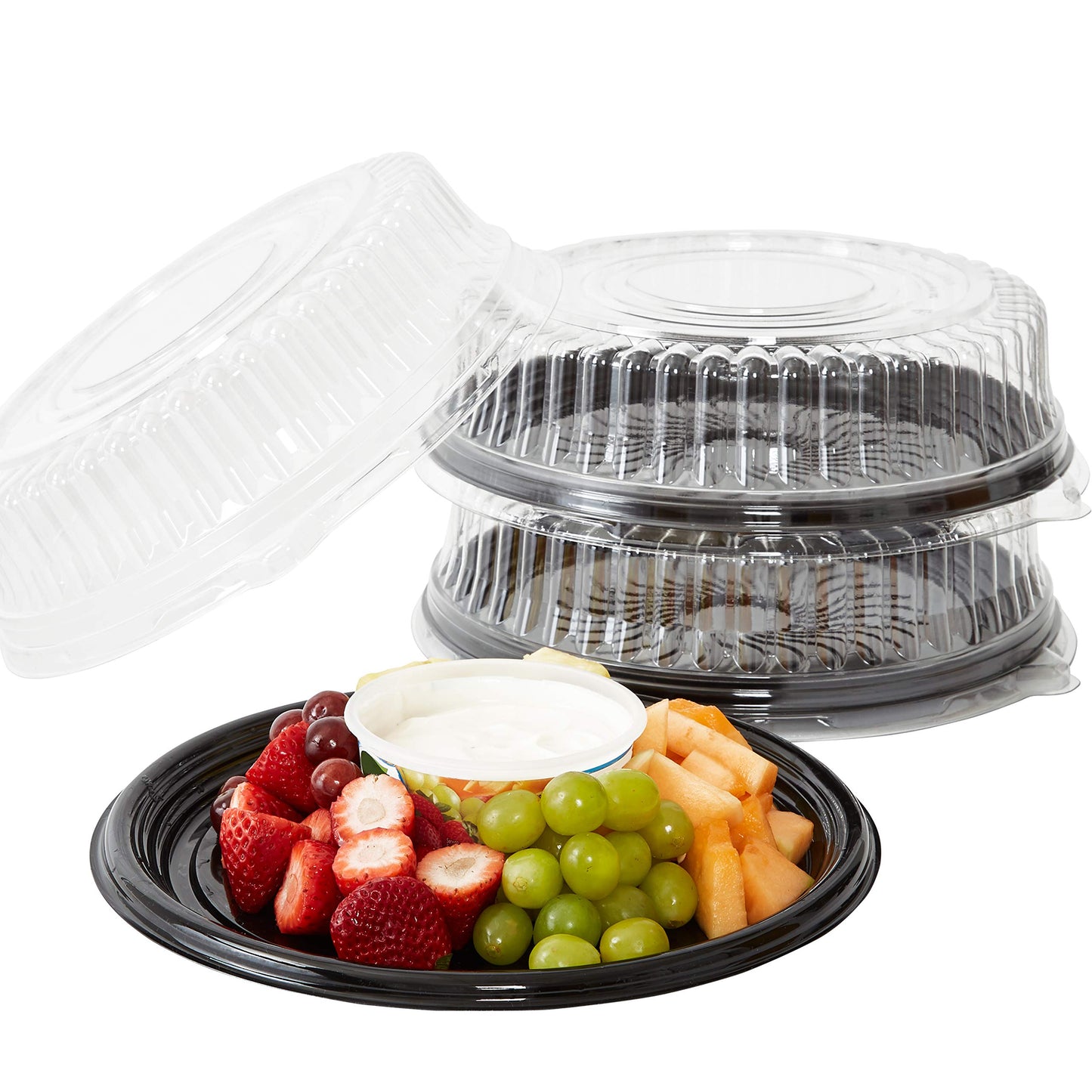 Avant Grub Heavy Duty, Recyclable 12 in. Serving Tray and Lid 3pk. Large, Black Plastic Party Platters with Clear Lids Dishware Plate, Elegant Round Banquet or Catering Trays for Serving Appetizers