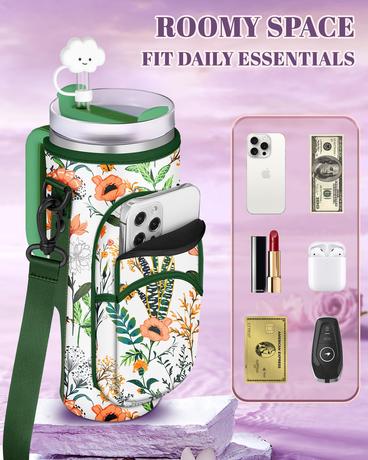 Toykee Water Bottle Holder Carrier Bag for Stanley 40 OZ Tumbler with Strap Phone Pocket, Green Wrap Around Drink Cup Purse Pouch with Straw Cover Cleaner Brush Accessories Flower Print