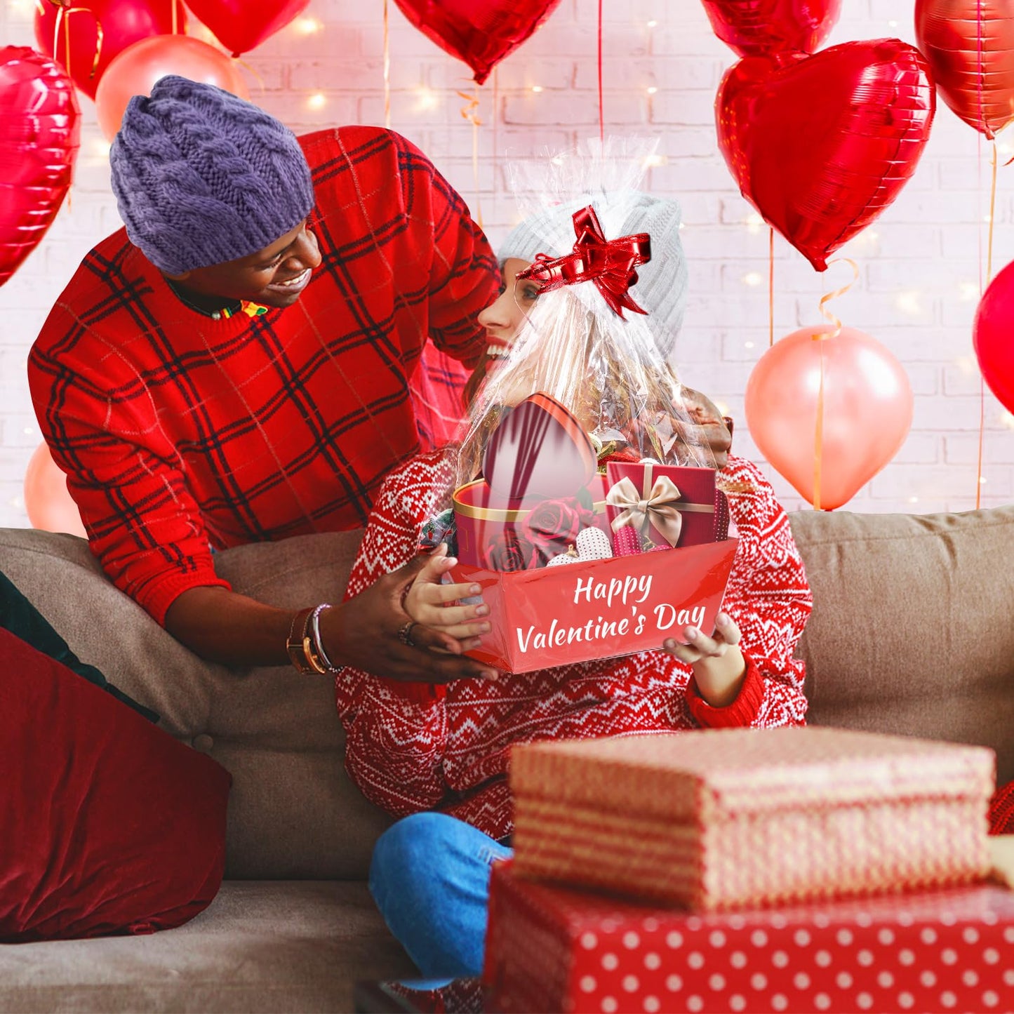 MADHOLLY 6Set Baskets for Gifts Empty- Sturdy Kraft Gift Basket Kit with Cellophane Wrap and Pull Bows for Valentine's Day Anniversary Wedding Holiday Gift Celebration Wrapping, Red