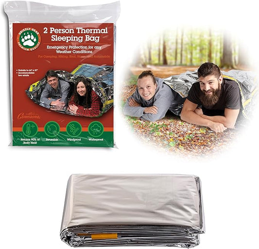 Emergency Thermal Mylar 2 Person Sleeping Bags -Ultra Compact for Camping, Survival, Disaster Bivouac Shelter- Pocket Sized, 7.25ft x 5.25ft - Retains 90% of Body Heat and Repels Wind & Water