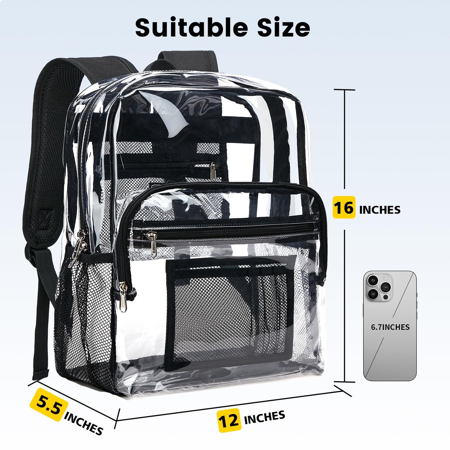 Vorspack Clear Backpack Heavy Duty - Clear Bookbag Large See Through Backpack Plastic Transparent Backpacks for College Work Travel - Black
