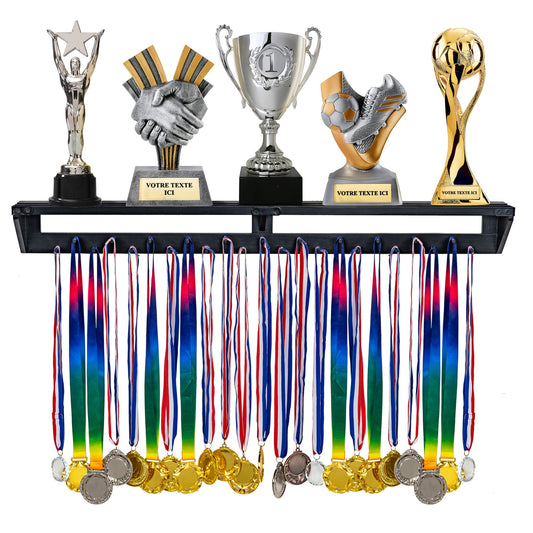 LAVIEVERT Gymnastic Medal Hanger with Storage Shelf, Wooden Wall-Mounted Trophy Shelf, Race Medal Display Rack Holder with 23 Hanging Bars - Black