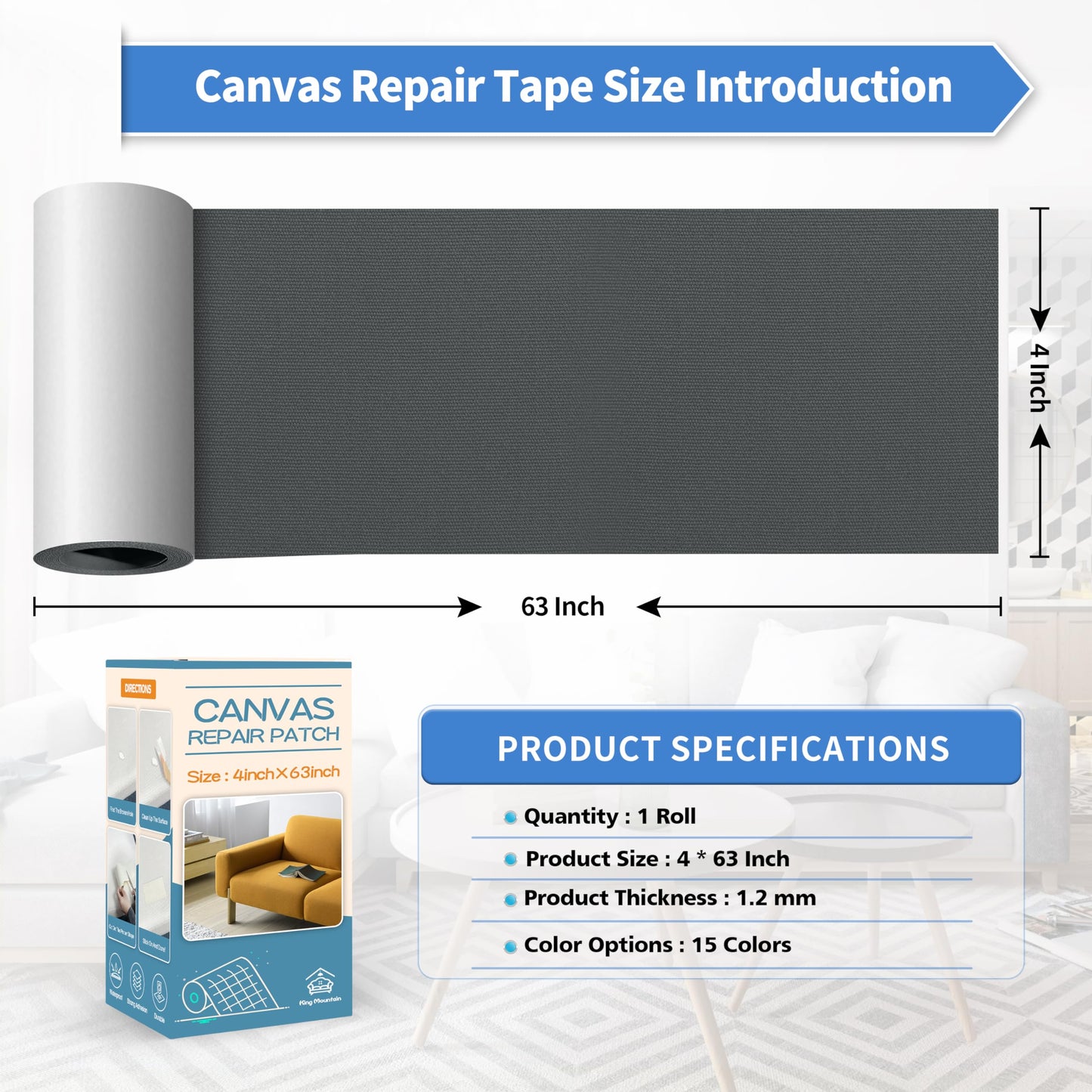 KING MOUNTAIN Canvas Repair Tape,Outdoor Gear Patch, 4×63 Inches,Waterproof,Self-Adhesive for Repairing Boat Covers,Sun Shades,Sofas,Tents,Lounge Chairs,Awnings (Dark Grey 2.0)