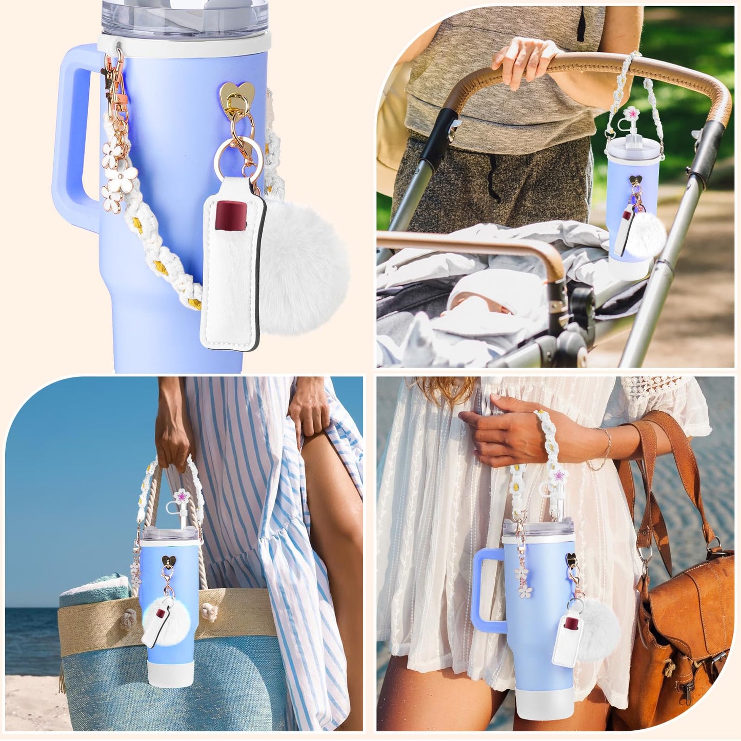 Mity rain 8PCS Cup Accessories for Stanley Cup 30oz 40oz Tumbler with Handle, Including Water Bottle Handle Strap, Chapstick Holder, Boot, Keychain Charms, Straw Topper Cover Cap for Stanley (White)