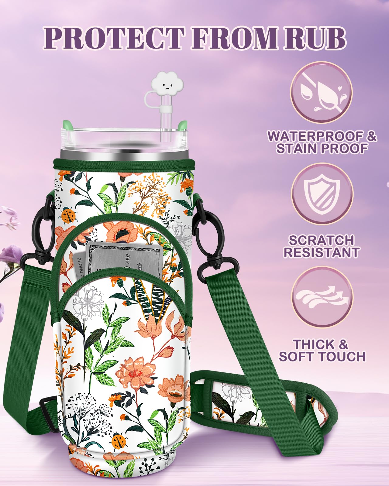 Toykee Water Bottle Holder Carrier Bag for Stanley 40 OZ Tumbler with Strap Phone Pocket, Green Wrap Around Drink Cup Purse Pouch with Straw Cover Cleaner Brush Accessories Flower Print