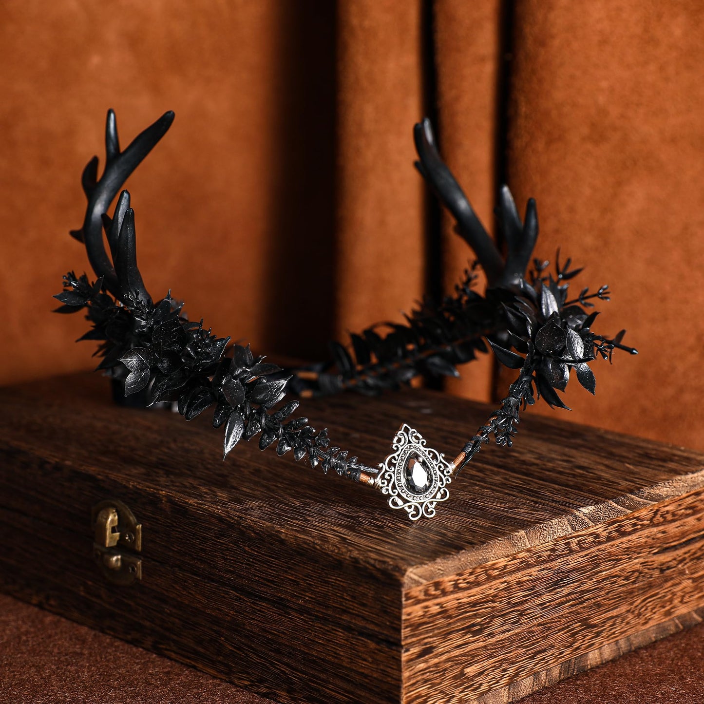 MOSTORY Black Flower Antler Crown - Dark Reindeer Headpiece Gothic Elf Circlet Deer Horns Headband for Women Cosplay Renaissance Goth Wedding Renfaire Accessory