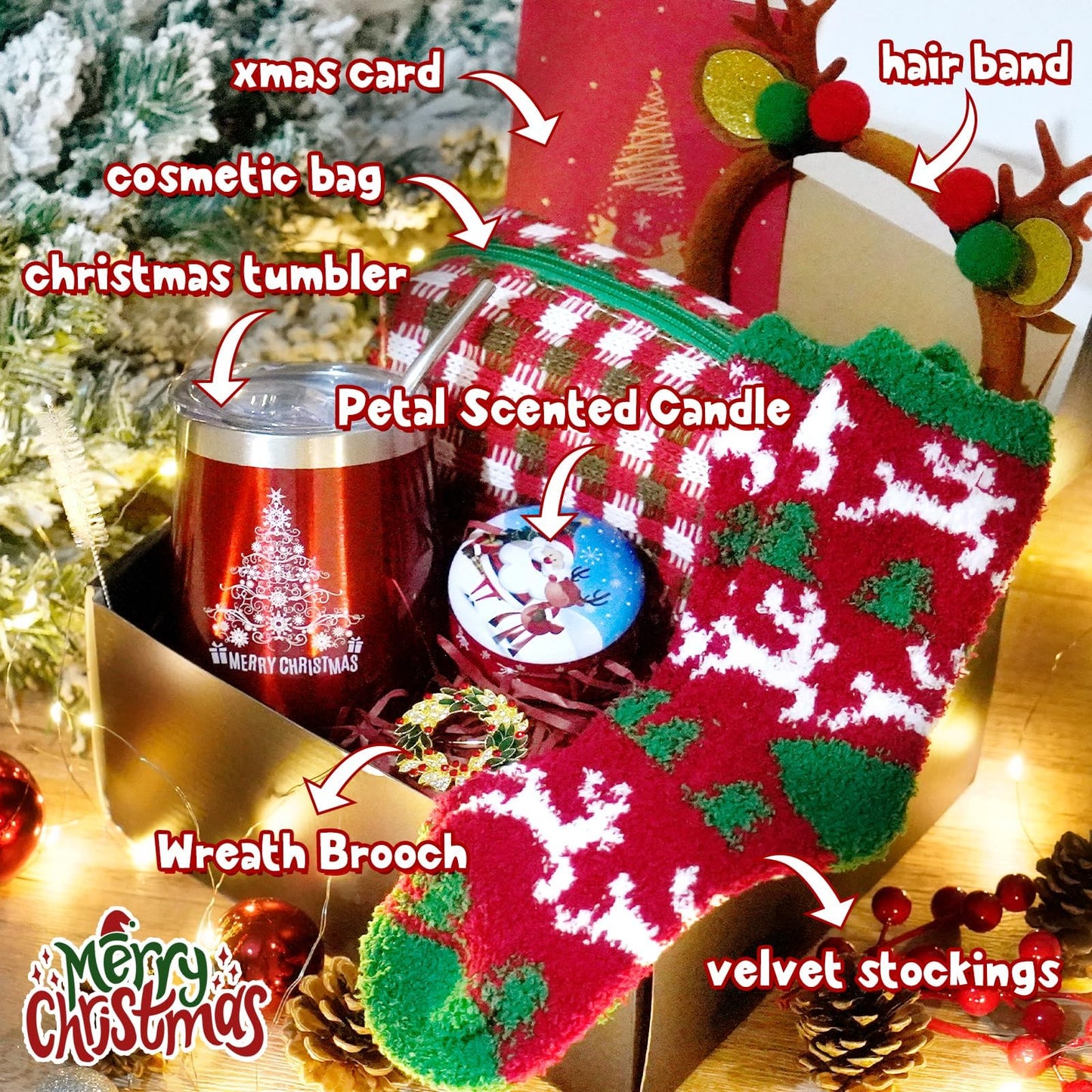 7 IN 1 Christmas Gifts Basket for Women – Unique Holiday Gift Basket for Women, Mom, Wife, Girlfriend, Sister, Teacher, Coworker,Xmas Tumbler Stocking Stuffers includes everthing