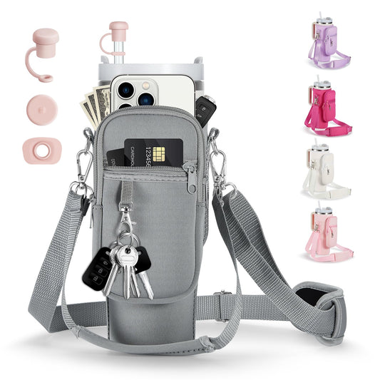 linmaya Water Bottle Carrier Bag with Phone Pocket for Stanley 40/30 oz Tumbler Neoprene Water Bottle Holder Pouch with 2 Adjustable Strap & 3 Leak Stoppers for Stanley Cup Accessories