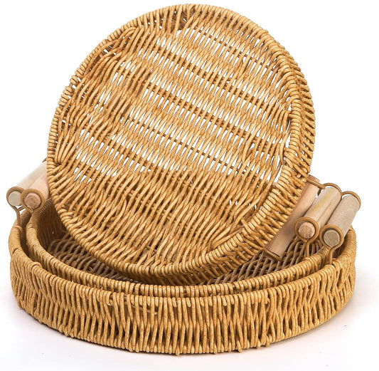 GIB Small Round Rattan Serving Trays with Handles, Decorative Woven Wicker Baskets Serving Trays for Coffee Table Decor, Bread, Fruit, Snacks, Set of 3