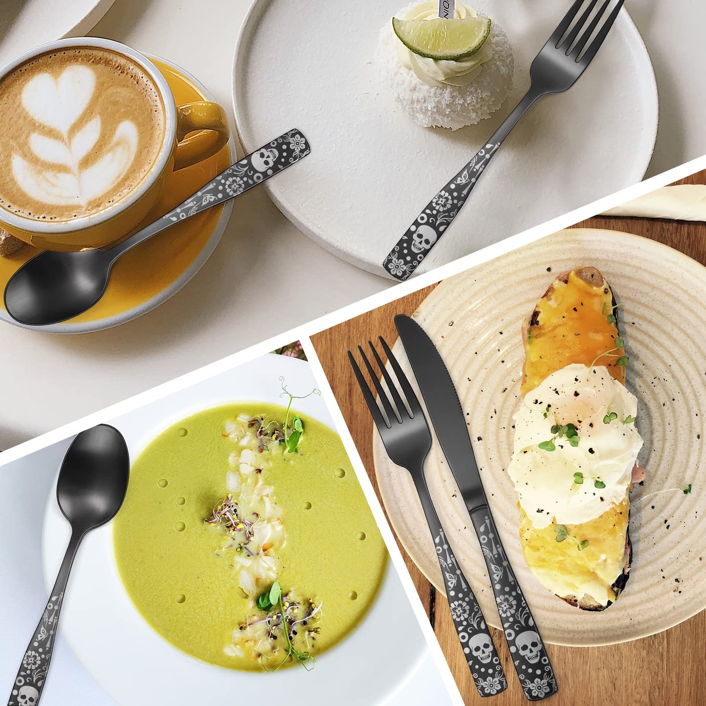 OIULO Pattern Matte Silverware Set for 8,40 Piece Gothic Black Flatware set,Skeleton Flower Bat Unique Pattern Design,Skull Knive Fork Spoon Spooky Utensils Cutlery,Halloween Party Supplies Event Tab