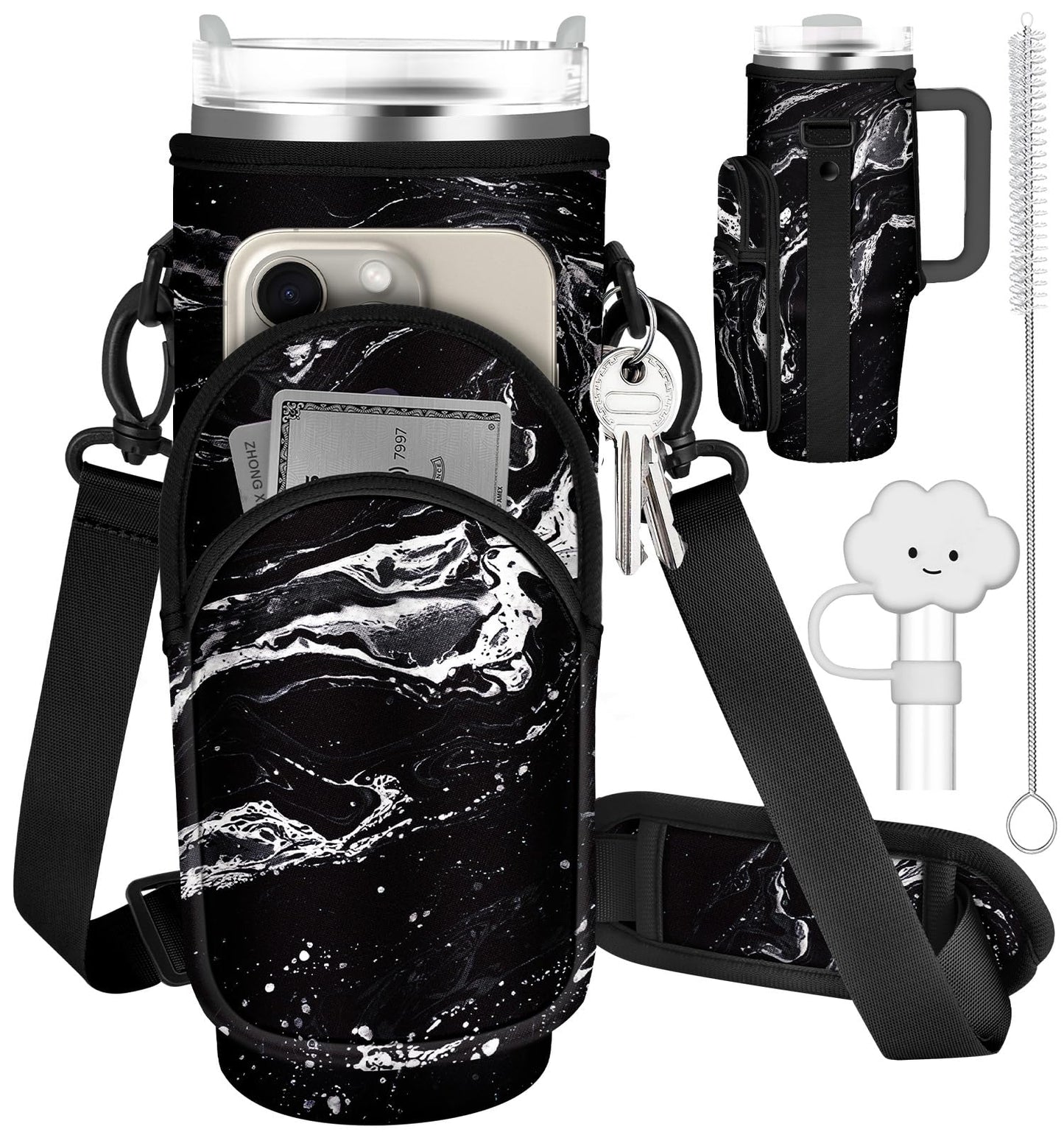 Toykee Water Bottle Holder Carrier Bag for Stanley 40 OZ Tumbler with Strap Phone Pocket, Black Wrap Around Drink Cup Purse Pouch with Straw Cover Cleaner Brush Accessories Marble Print