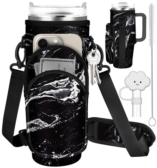 Toykee Water Bottle Holder Carrier Bag for Stanley 40 OZ Tumbler with Strap Phone Pocket, Black Wrap Around Drink Cup Purse Pouch with Straw Cover Cleaner Brush Accessories Marble Print