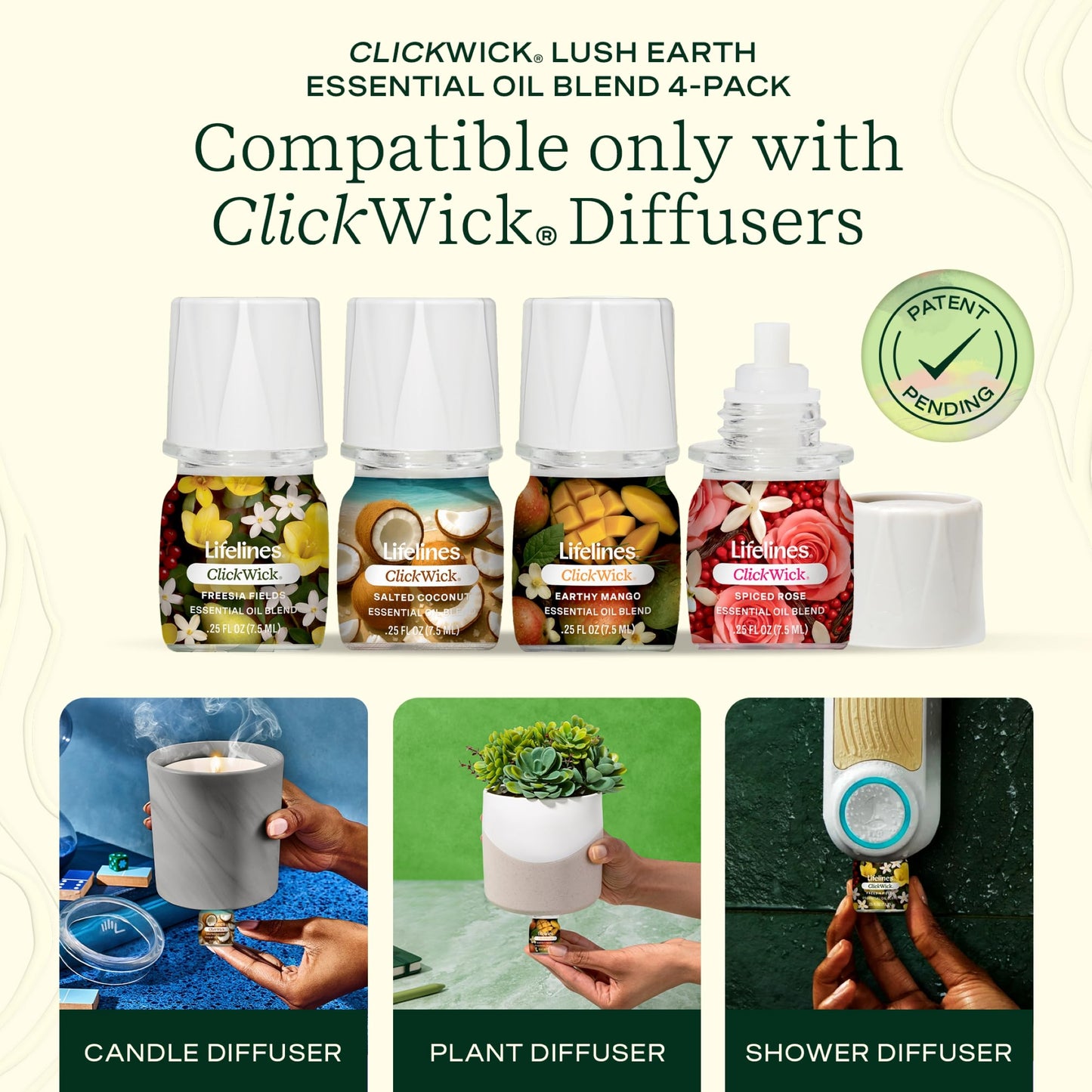 ClickWick Essential Oil Blends for Lifelines Diffusers, 4-Pack Lush Earth Collection - Essential Oil Blend Refill for Candle, Plant & Shower Aromatherapy Diffuser - Fragrance for Diffusers