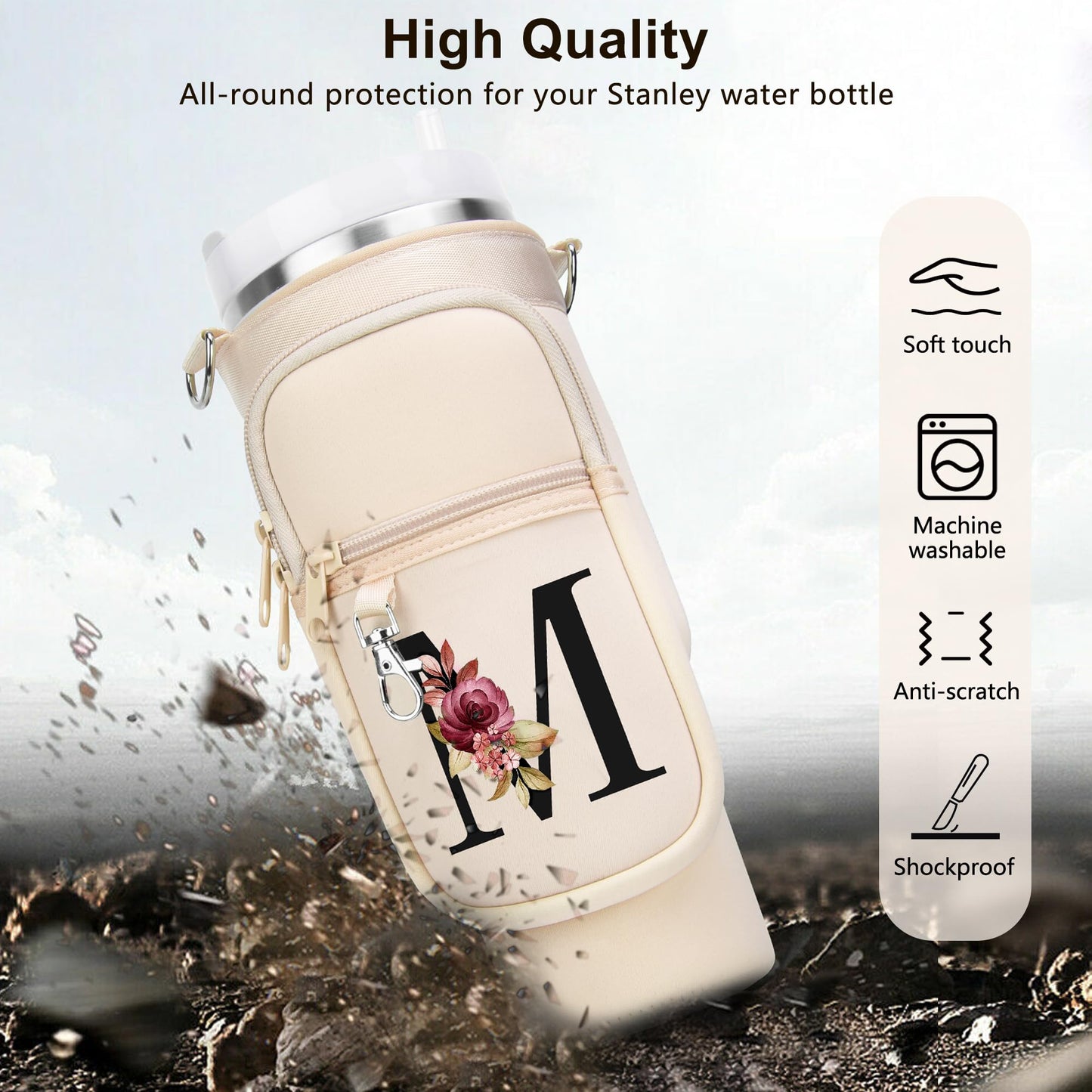 LOKASS Initial Water Bottle Holder with Upgrade Canvas Strap for Stanley 30 oz Tumbler, Gift for Mom Mother's Day Day gifts with Phone Pocket, Personalized Accessories for Stanley Cup, Cream - S