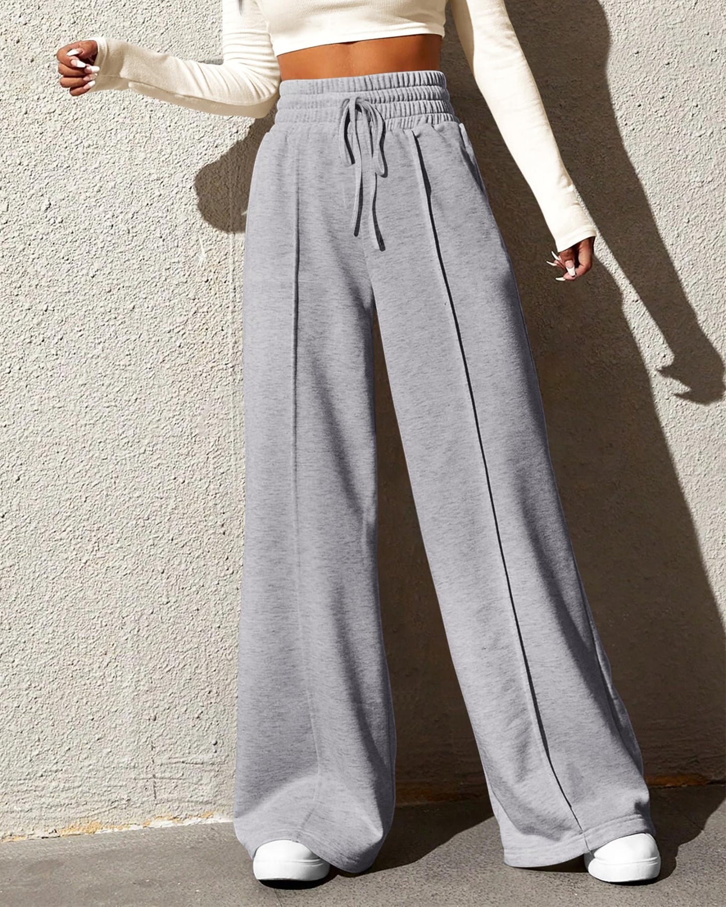 BTFBM Women's Causal Drawstring High Waist Baggy Straight Wide Leg Sweatpants with Pockets(Solid Light Grey,Medium)