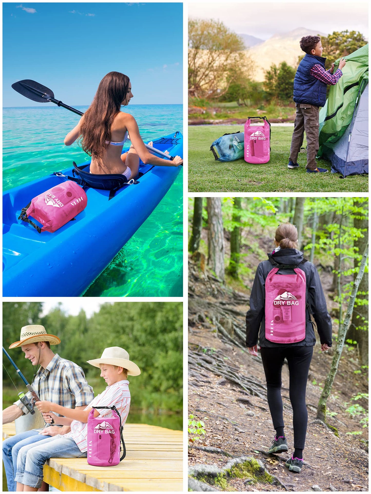 HEETA Waterproof Dry Bag for Women Men, Roll Top Lightweight Dry Storage Bag Backpack with Phone Case for Travel, Swimming, Boating, Kayaking, Camping and Beach, Transparent Rose Red 5L